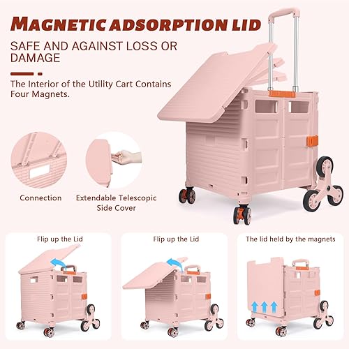 Miniatura 2 de Carrito plegable portátil plegable con ruedas para subir escaleras, cesta de mano con tapa magnética, cubierta telescópica resistente al desgaste,