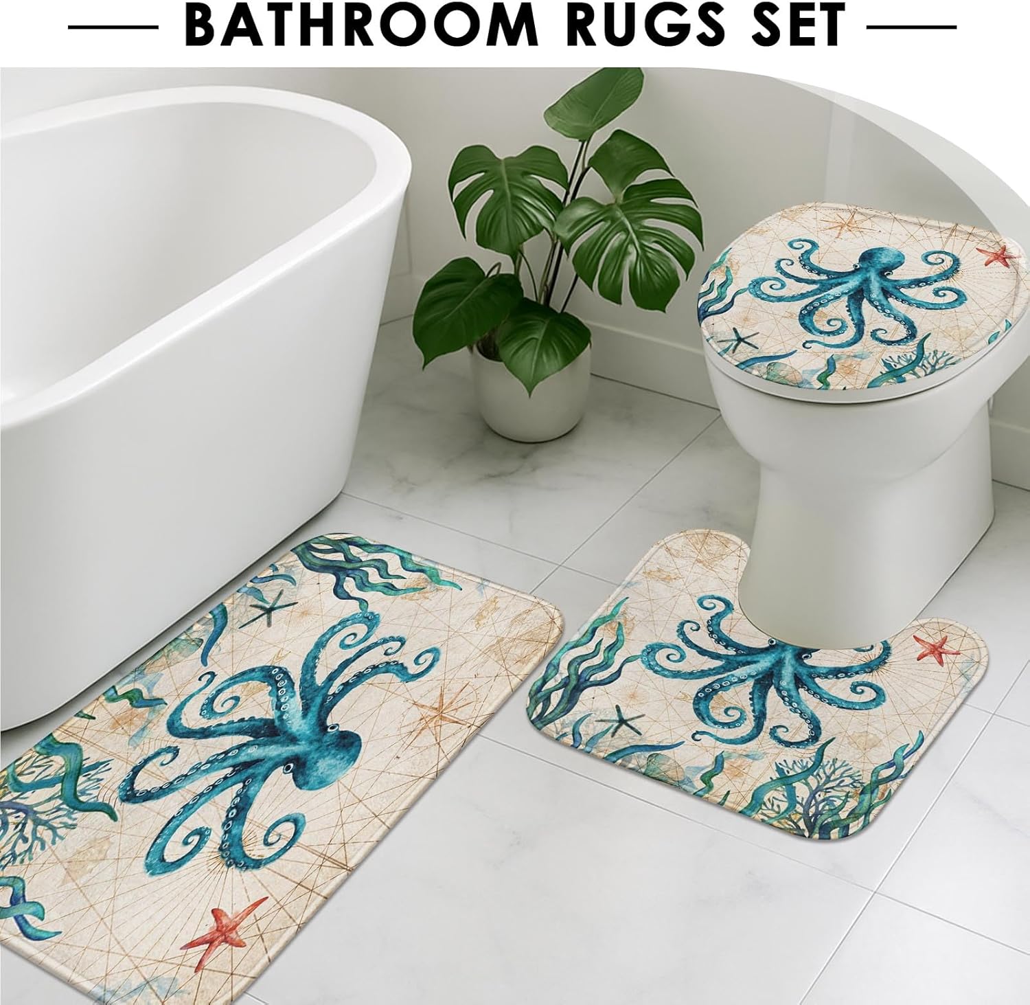 4 Piece Shower Curtain Set, Sea Coral Octopus Waterproof Bathroom Set Accessories with Non-Slip Rugs, Toilet Lid Cover Bath Mat and 12 Hooks, Beach Summer Ocean Animal Home Decor 72" x 72"