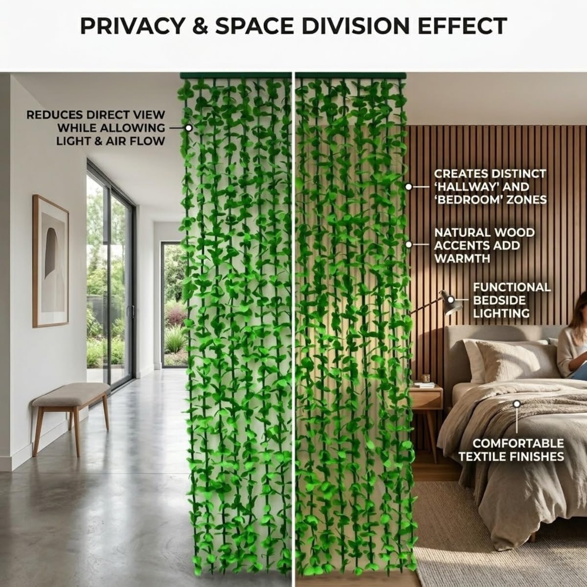 Rideau Feuillage Artificiel Vert, Rideau de Porte Lierre Suspendu, Séparateur de Pièce Décoratif, Rideau de Plantes Artificielles Pour Chambre Salon Balcon, Décoration(100x200cm)