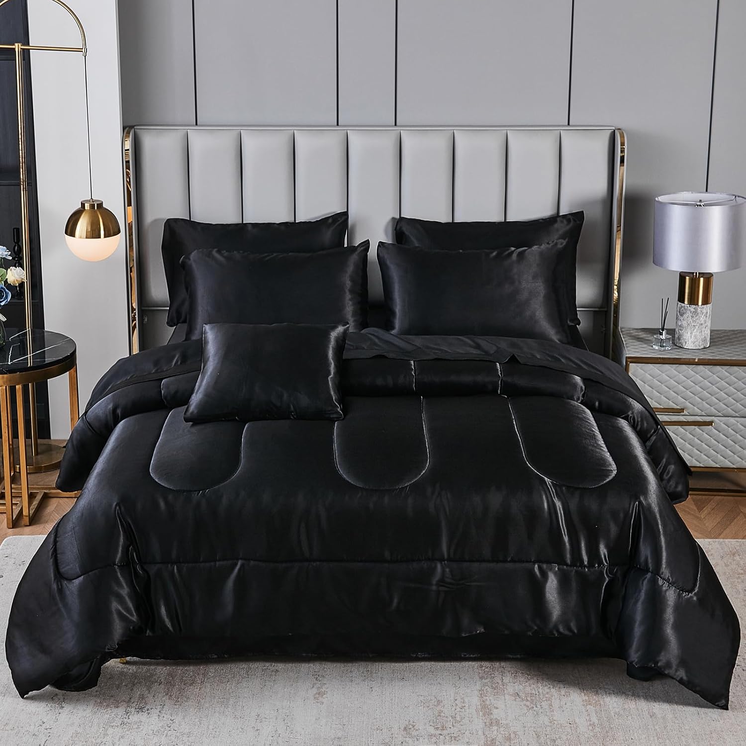 Black Silky Comforter Set Satin Twin Bed in a Bag 6 Pieces