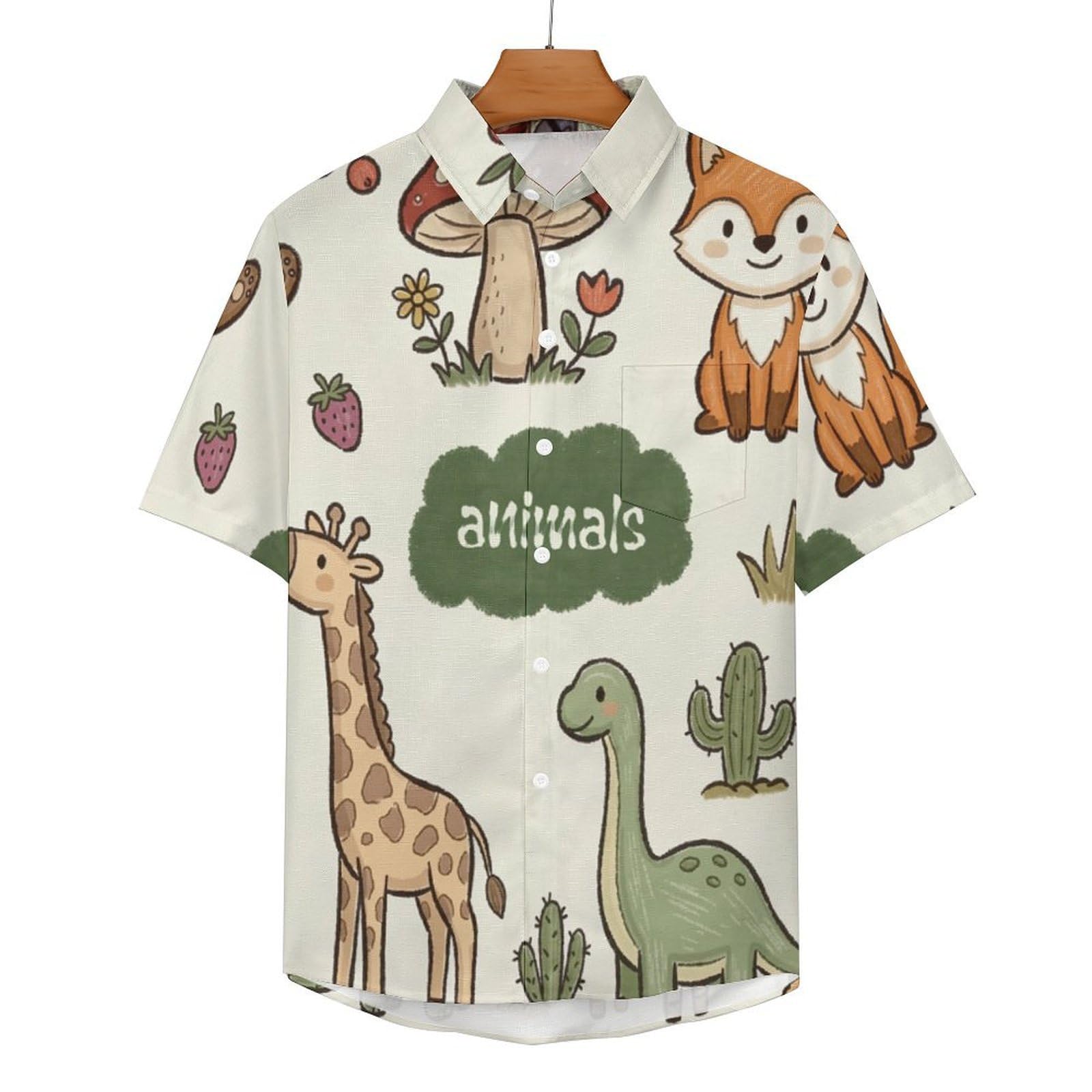 Camicia da Uomo a Maniche Corte con Bottoni, Stile Cartoni Animati Carini con Stampa Animali della Foresta, vestibilità Regolare, Camicie da Spiaggia Estiva Hawaiano, Aloha