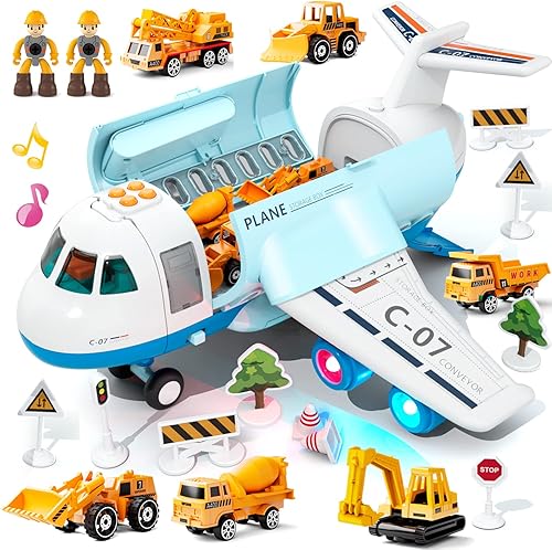 Avión de carga de transporte, juego de juguetes de avión temáticos grandes, juego de vehículos de juguete educativo con sonido y luz de humo, avión