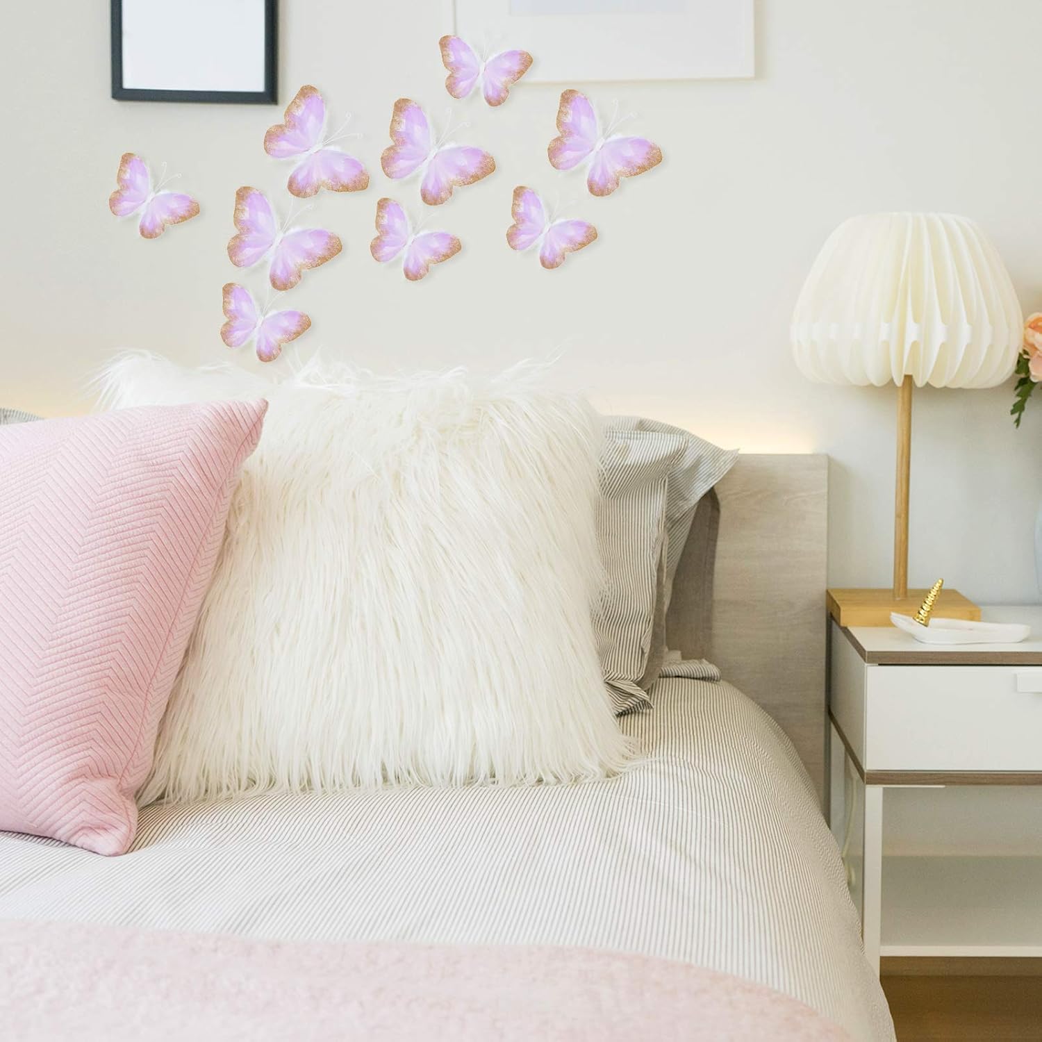 16 Pcs Feather 3D Butterfly Wall Decals Gold Glitter Butterfly Wall Art Mural Stickers Removable for Home Office Wedding Party Balloons Cake Flower Bedroom Bathroom Living Room Decor(Light Purple)