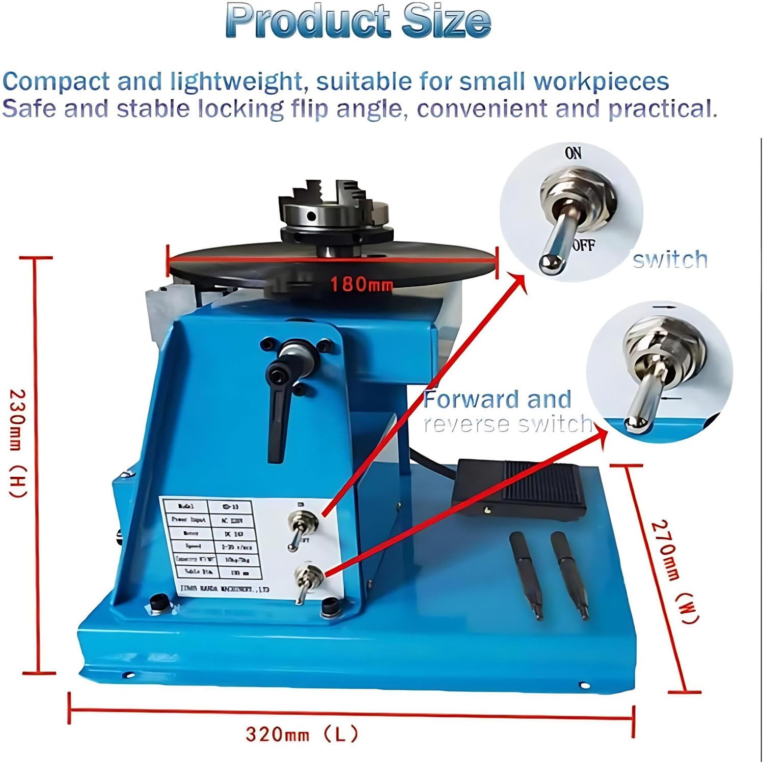 Posizionatore rotante per saldatura, 10 kg, piattaforma girevole a velocità regolabile per saldatura da 0 a 90°, piattaforma da 180 mm con mandrino da 65 mm per lavori rotativi di precisione e