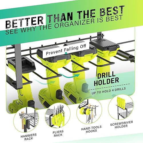 Miniatura 2 de SUNALLY Organizador de herramientas eléctricas, soporte de pared para 4 taladros, organizador de herramientas de garaje y almacenamiento con soporte