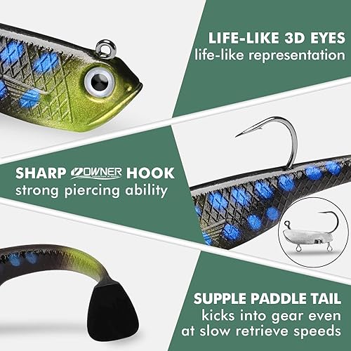 Miniatura 3 de Gotour Weedless Soft Fishing Lures for Freshwater and Saltwater, Premium Pre-Rigged Jig Head Paddle Tail Swimbaits for Bass Fishing，Jigs Fishing
