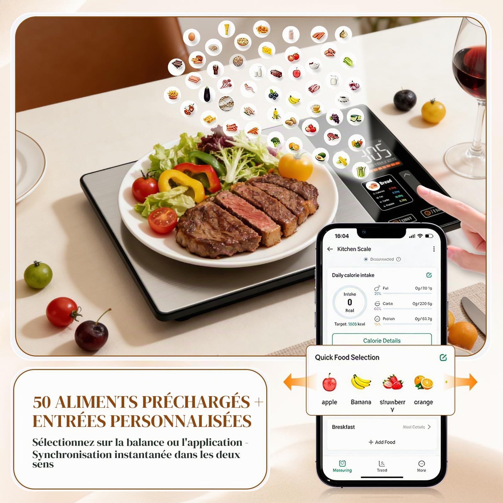 Balance de Cuisine Intelligente,Balance de Cuisine à Écran LED,Avec Calcul de La Valeur Nutritionnelle,écran Couleur TFT,Précision de 1g Avec Tare – pour Famille la Perte de Poids, la Remise