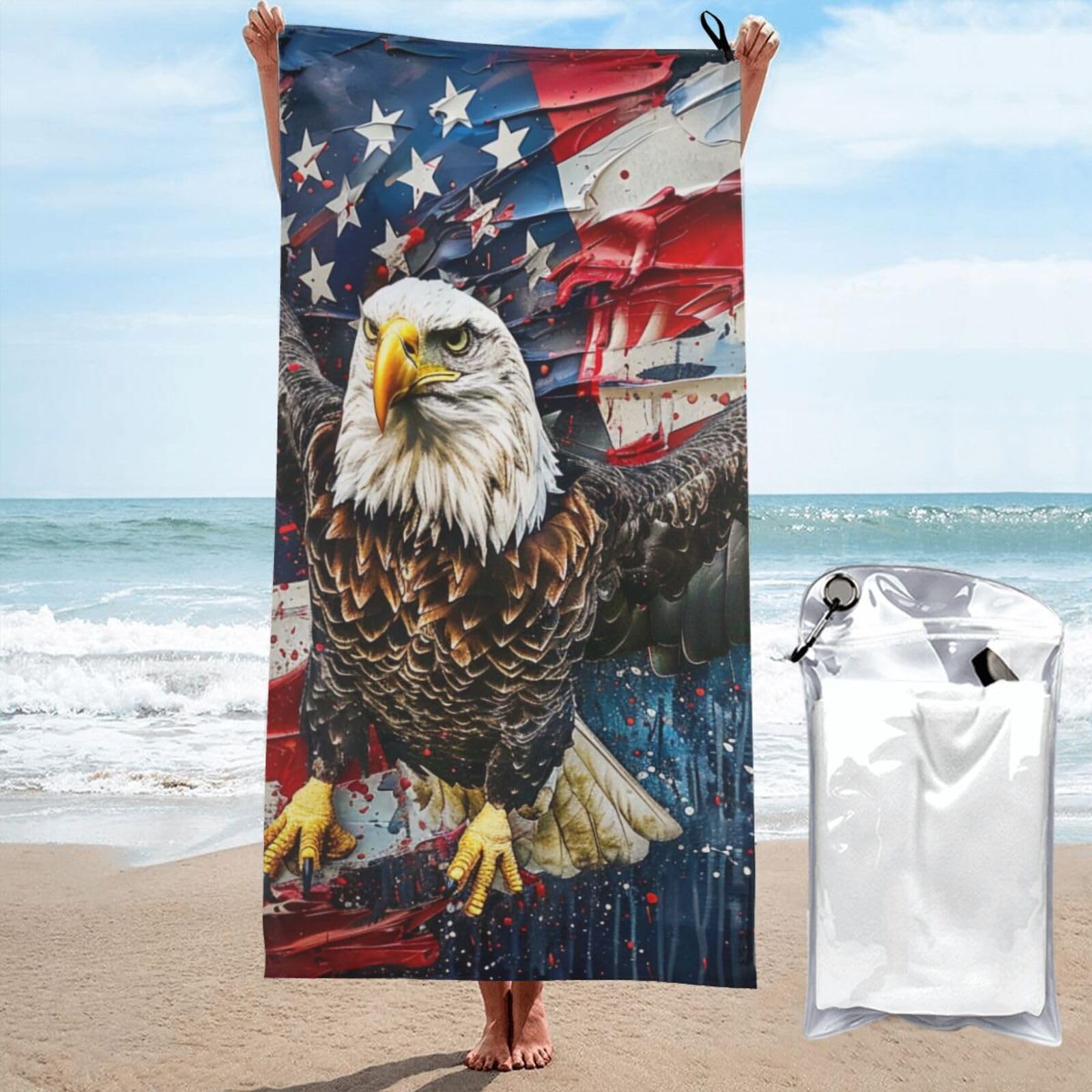 BWWHCCTI American USA Flag Eagle Printed Microfiber Quick Dry Beach Towel 70x140 CM, Fast Drying Bath Towels with Bags for Travel,Camping,Gym,Beach,Swimming,Yoga