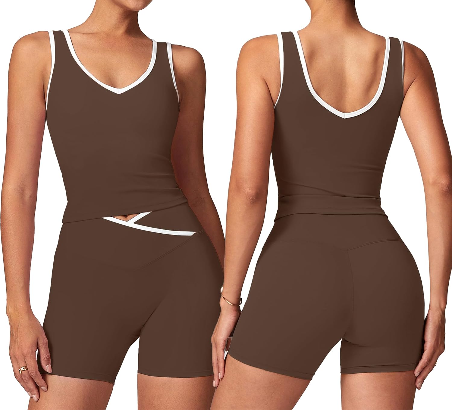 SUUKSESS Women 2 Piece Workout Sets Built in Bra Yoga Tank Top High Waisted Tummy Control Biker Shorts