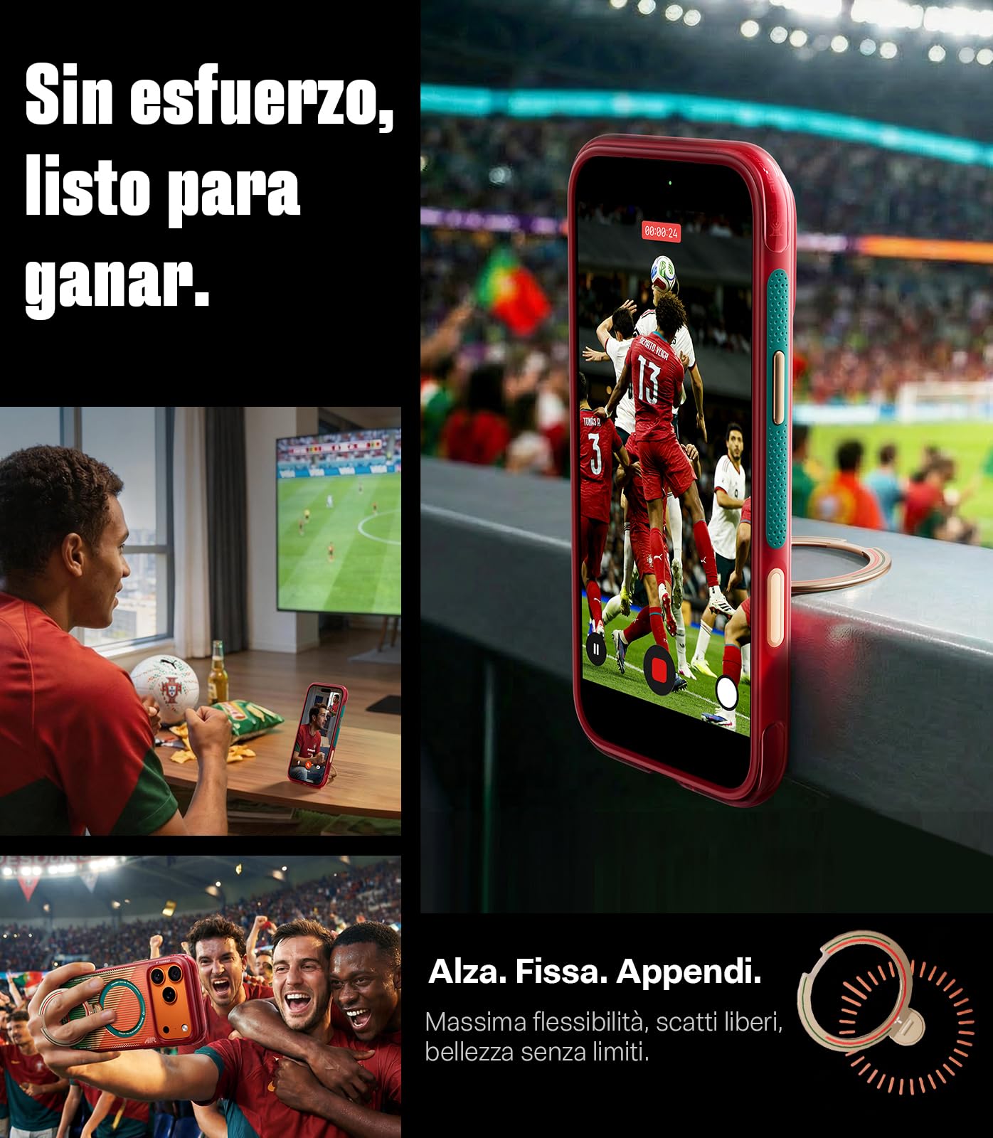 TORRAS Ostand Q3 Air per iPhone 17 Pro, custodia con supporto MagSafe, edizione tifosi del Portogallo N.7, custodia con supporto per la visione delle partite, custodia protettiva antiurto per Glory