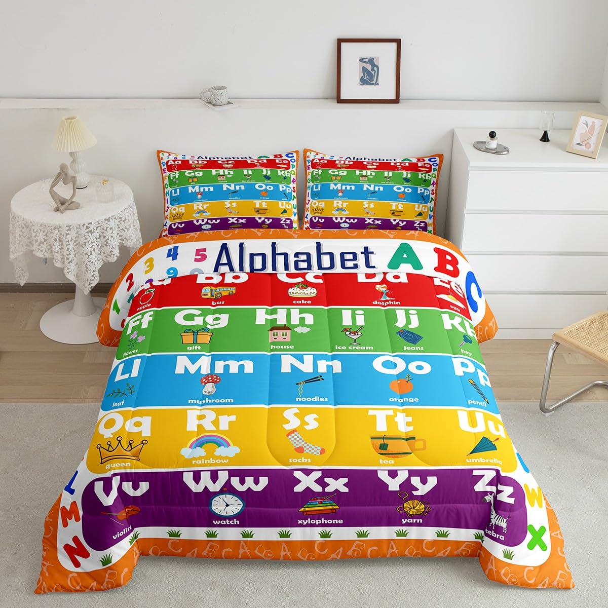 Homemissing ABC Alphabet Down Comforter Set Double Size,Learning Alphabet Bedding Set Kids Toddler Educational Down Comforter Word Educational Duvet Insert/Quilt Set Durable Bed Set — image 1