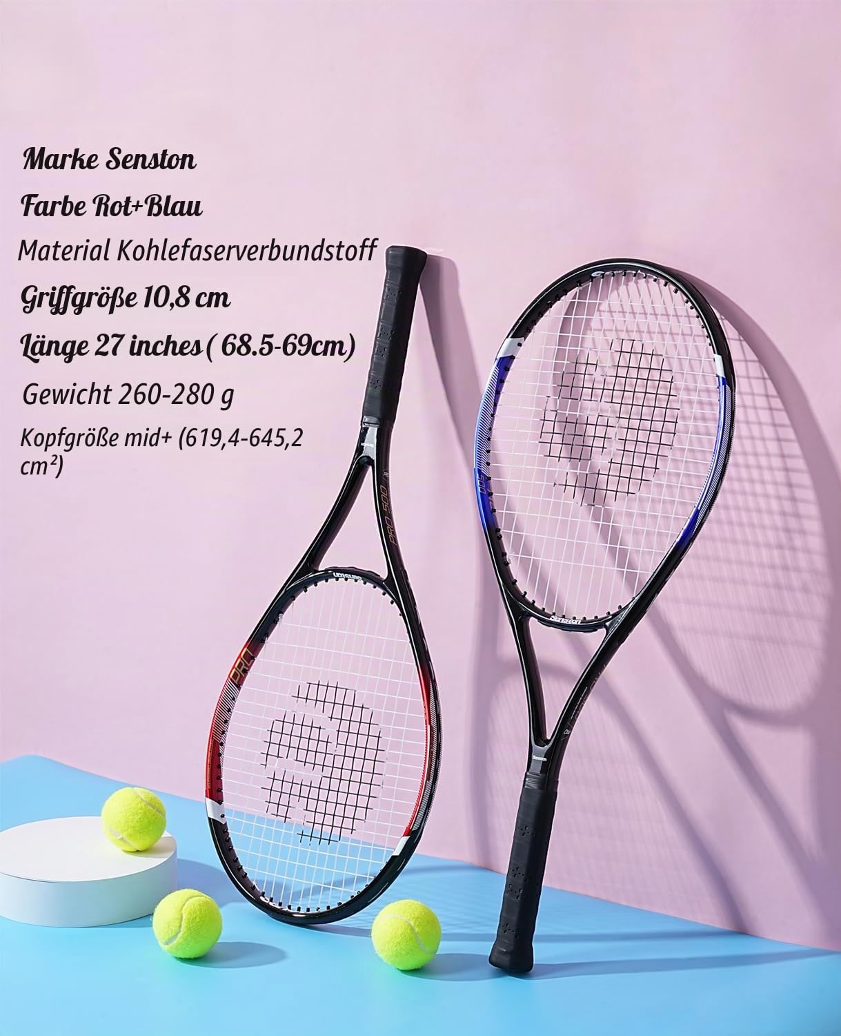 Senston Tennisschläger für Erwachsene 68,6 cm, Tennisschläger 2er-Set mit 3 Bällen, 2 Griffen, 2 Schwingungsdämpfern