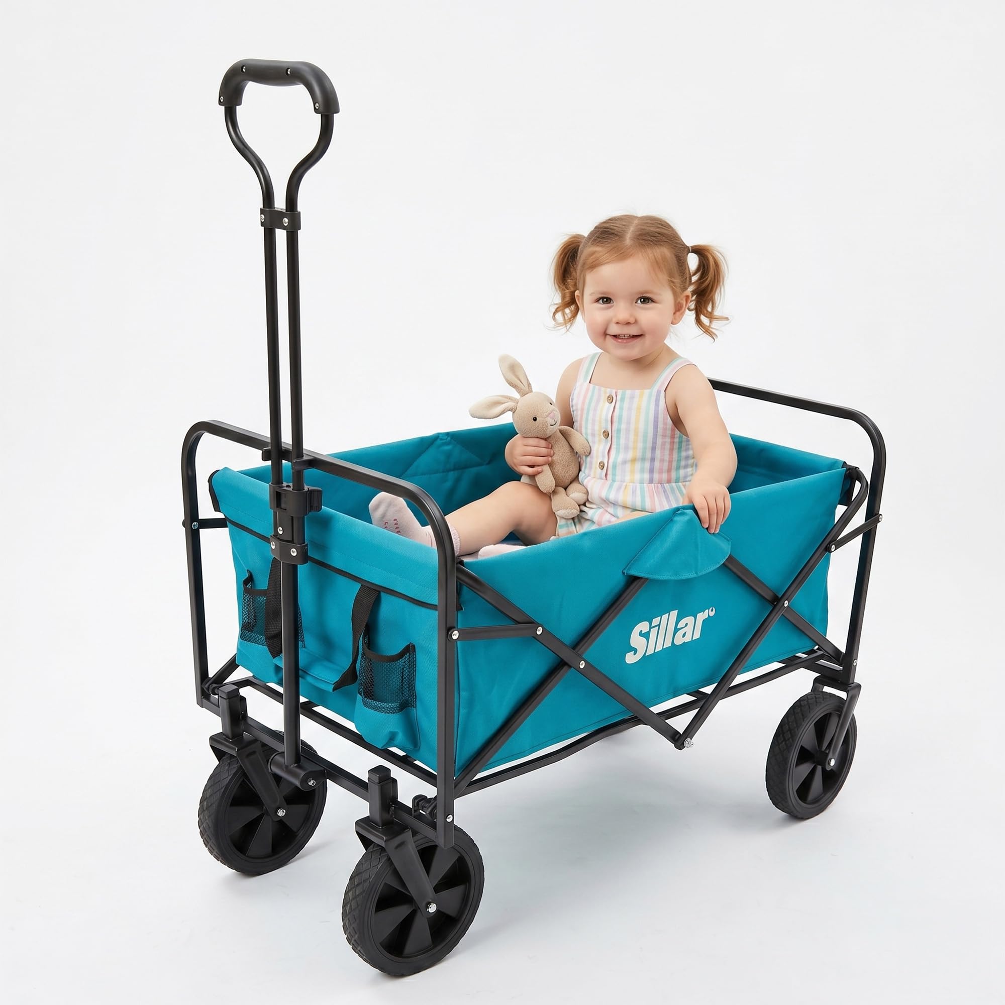 Sillar Carrello pieghevole da giardino, compatto con maniglia, 4 ruote in PVC rinforzato, capacità di carico fino 80 kg, per esterni, giardino, 100 l, 2 tasche aggiuntive per bevande sul davanti, blu