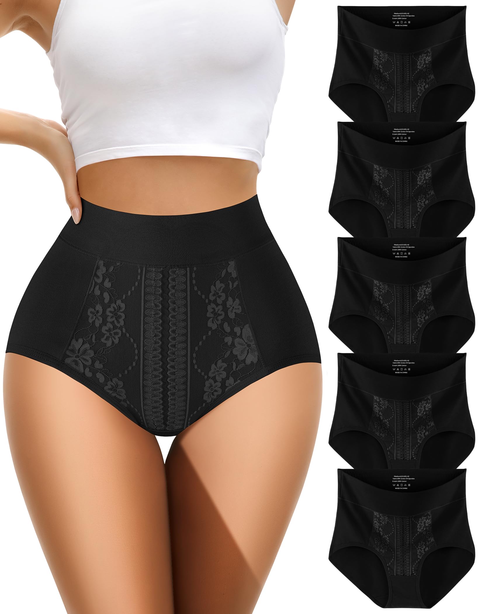 MISSWHO High Waisted Cotton Women Underwear Tagless Briefs Soft Full Great Coverage Ladies Panties 5 Pack Regular Plus