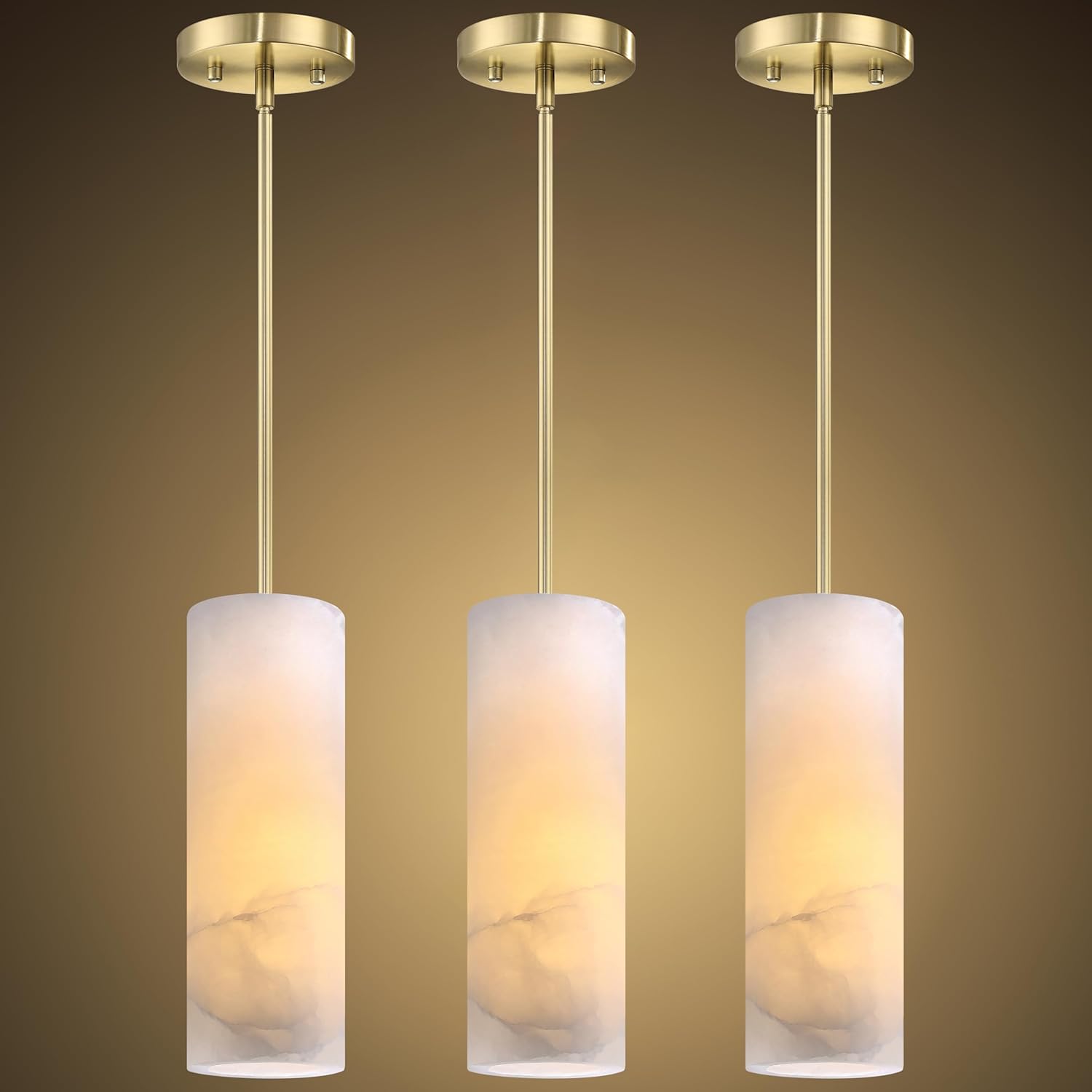 Doraimi Lighting 3 Pack 1 Light Modern Industrial Farmhouse Hanging Kitchen Island Pendant Ceiling Light Fixture,Cylinder Natural Alabaster Marble Black Finish Over Sink Restaurant bar Corridor