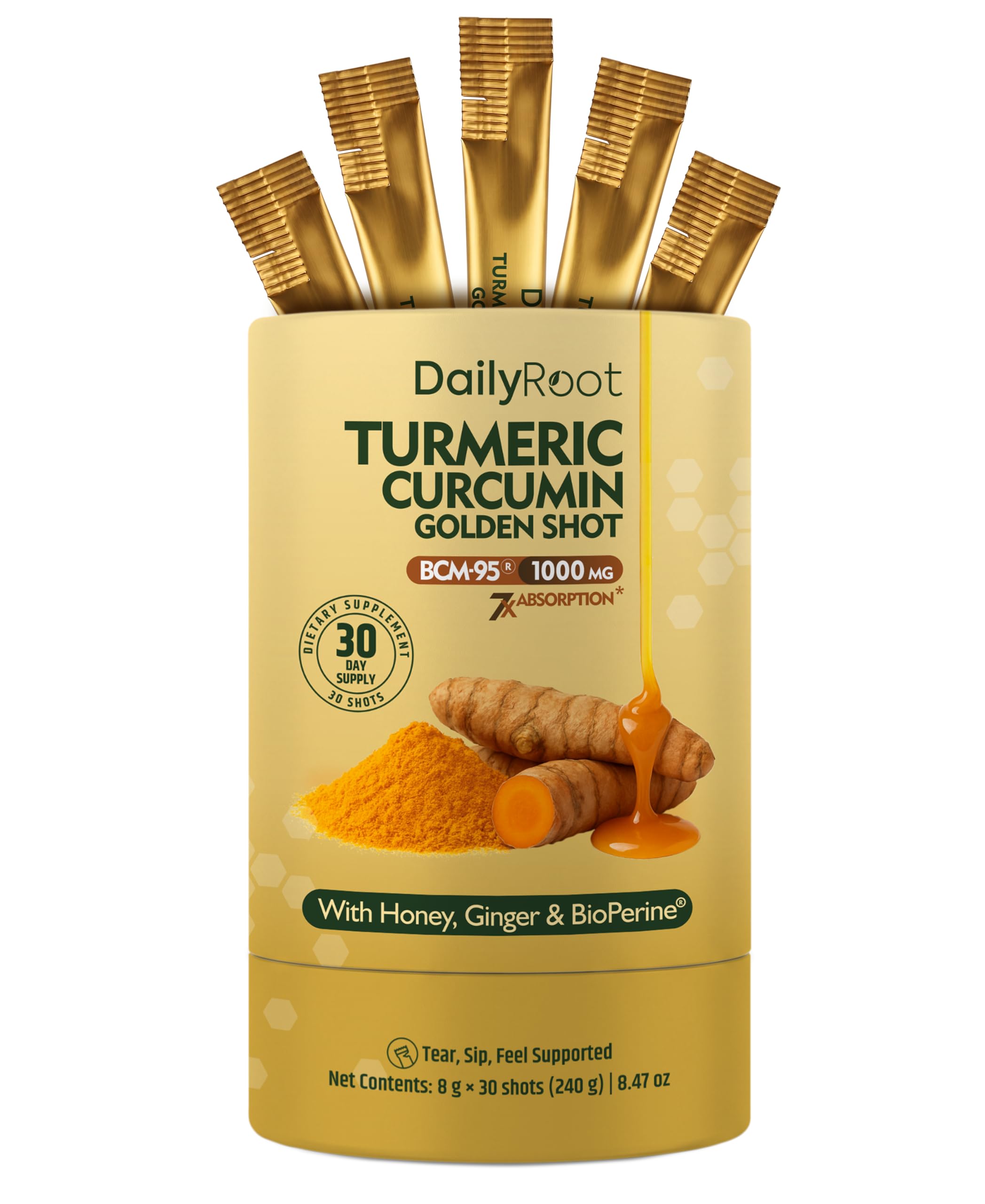 Turmeric Shot - Liquid Curcumin 1000mg BCM-95® with Honey, Ginger & BioPerine® Black Pepper Extract - Capsule-Free Format - 30 Daily Shots - Liquid Turmeric Supplement