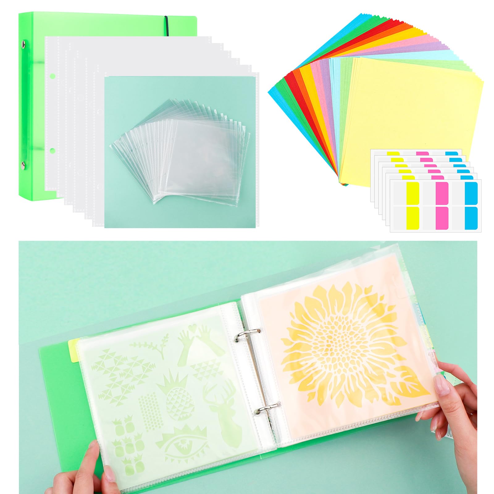 Cookie Stencil Storage Binder for Storage 6x6inch Stencils,Die Cuts,DIY Scrapbooking,Clear Stamp,Storage Folder Organizer Include 1 Green Cover,50 Sleeve,50 Backing Paper and 10 Sheets Divider Tabs