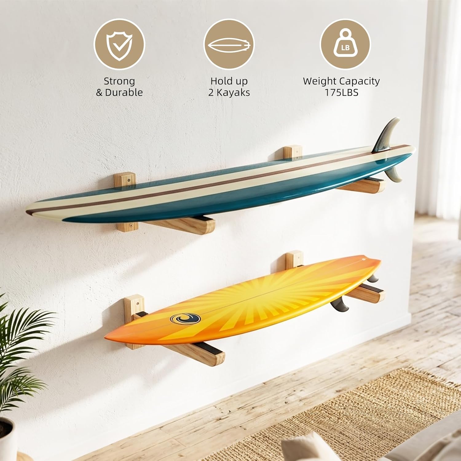 Wood Surfboard Rack Wall Mount, Solid Pine Wooden Surf Board Storage Racks for Horizontal Display, Heavy Duty Paddle Board Wall Hanger for Garage & Home