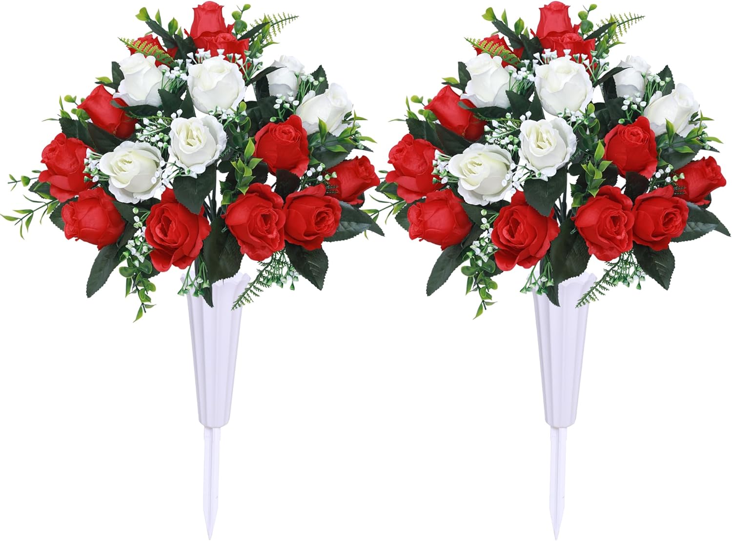 Set of 2 Artificial Cemetery Flowers with Vase,Grave Memorial Flowers,Artificial Rose Bouquet Decoration for Cemetery Headstones Gravesites (White & Pink, 2 Bouquets)