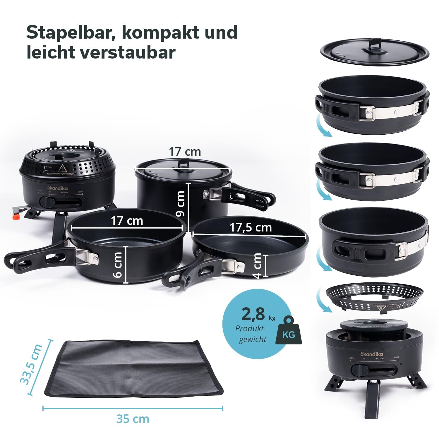 Skandika Fornello da campeggio Rask | Fornello da campeggio ibrido, 2 in 1, funzionamento a elettricità o gas, accensione piezoelettrica, con utensili da cucina (Set con base e borsa | nero)