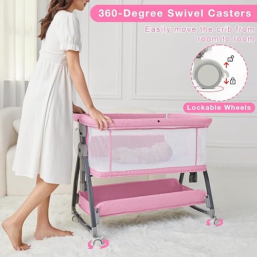 Miniatura 6 de Cuna rosa para bebé niña, moisés junto a la cama con colchón y ruedas para recién nacidos y bebés, altura ajustable con malla transpirable y