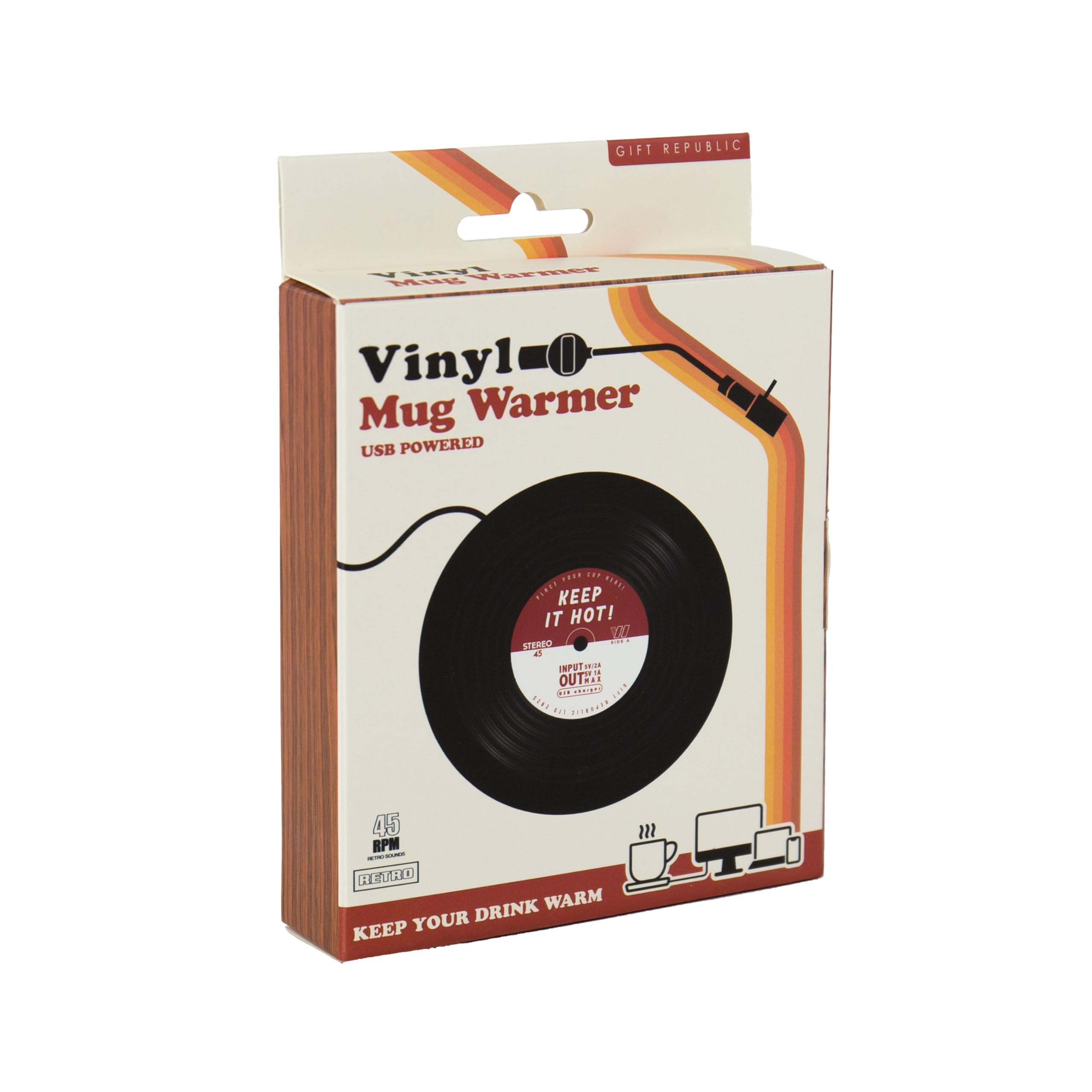 Gift Republic Chauffe-Tasse USB – Design rétro en Vinyle – Garde Le café et Le thé au Chaud à Votre Bureau – Chauffe-Boisson Chaude alimenté par USB – Cadeau Amusant pour Les Amateurs de Musique et