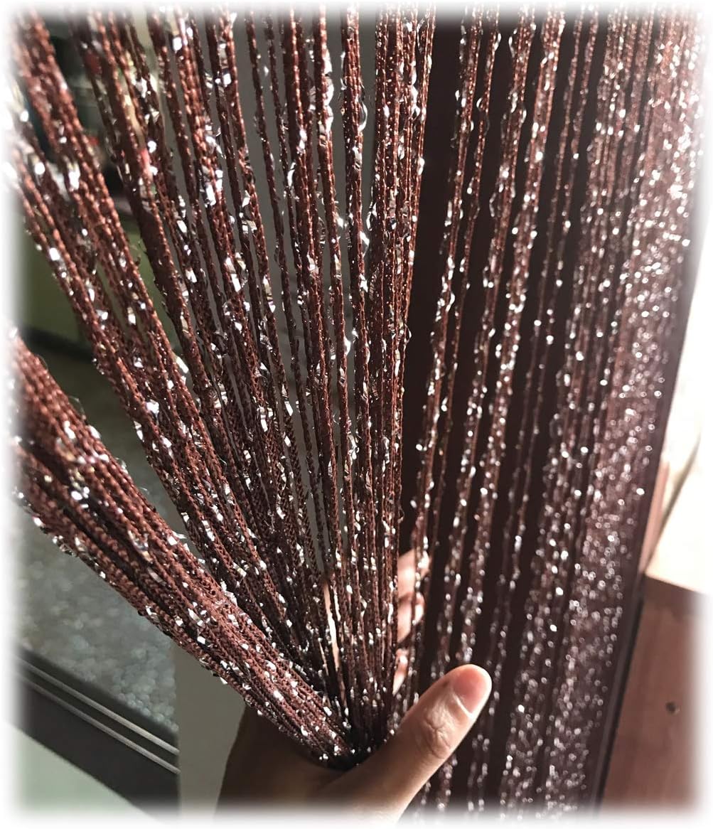 1x2 M Door String Curtain Rare Flat Silver Ribbon Thread Fringe Window Panel Room Divider Cute Strip Tassel for Wedding Coffee House Restaurant Parts, Dark Coffee