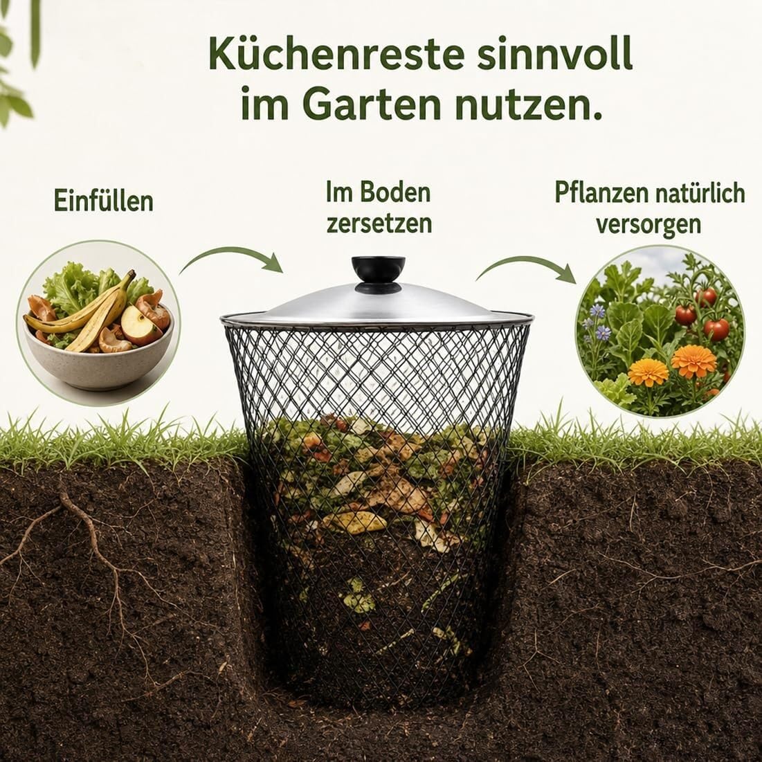 Genérico Compostador De Lombrices Subterráneo con Tapa, Cesta De Compostaje Metálica para Enterrar (residuos De Cocina Y Jardín), Contenedor De Vermicompostaje para Bancales Elevados(4 Set)