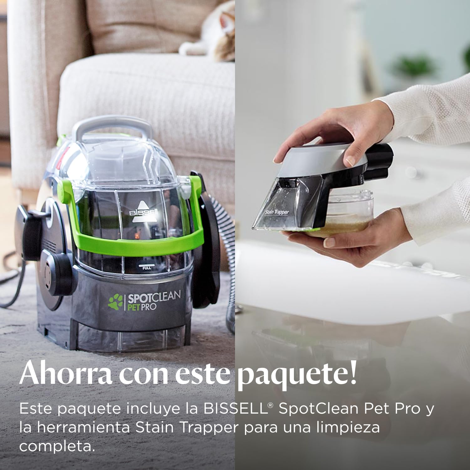 BISSELL 15585 SpotClean Pet Pro portátil, negro/verde, 750 W, 84 decibelios + accesorio de limpieza de manchas para todos los limpiadores de manchas y alfombras Bissell