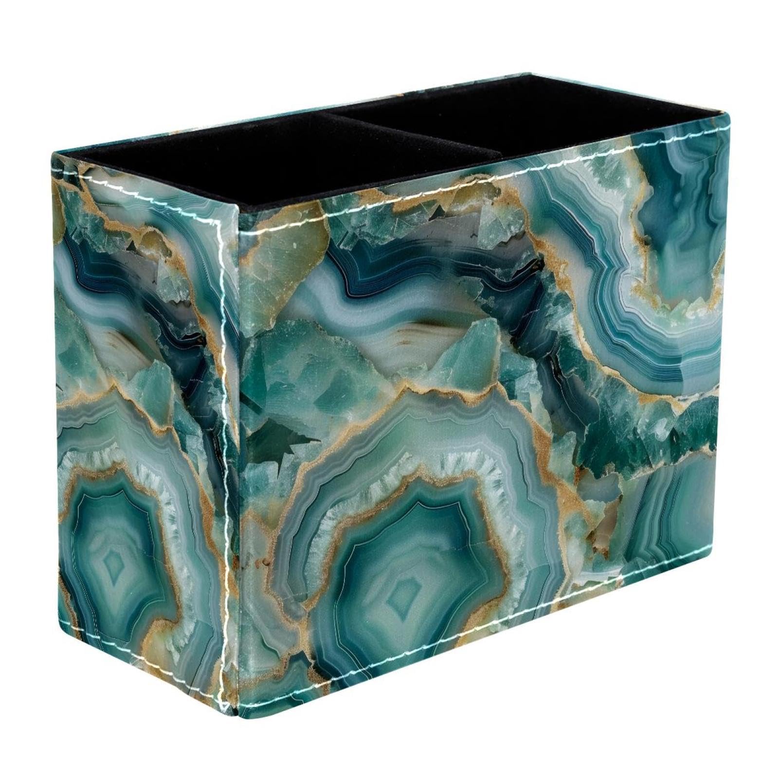 FWJZDSP Teal Agate Pattern PU Leather Pencil Organizer, Makeup Brush Holder, Office Decor and Desk Accessories Durable