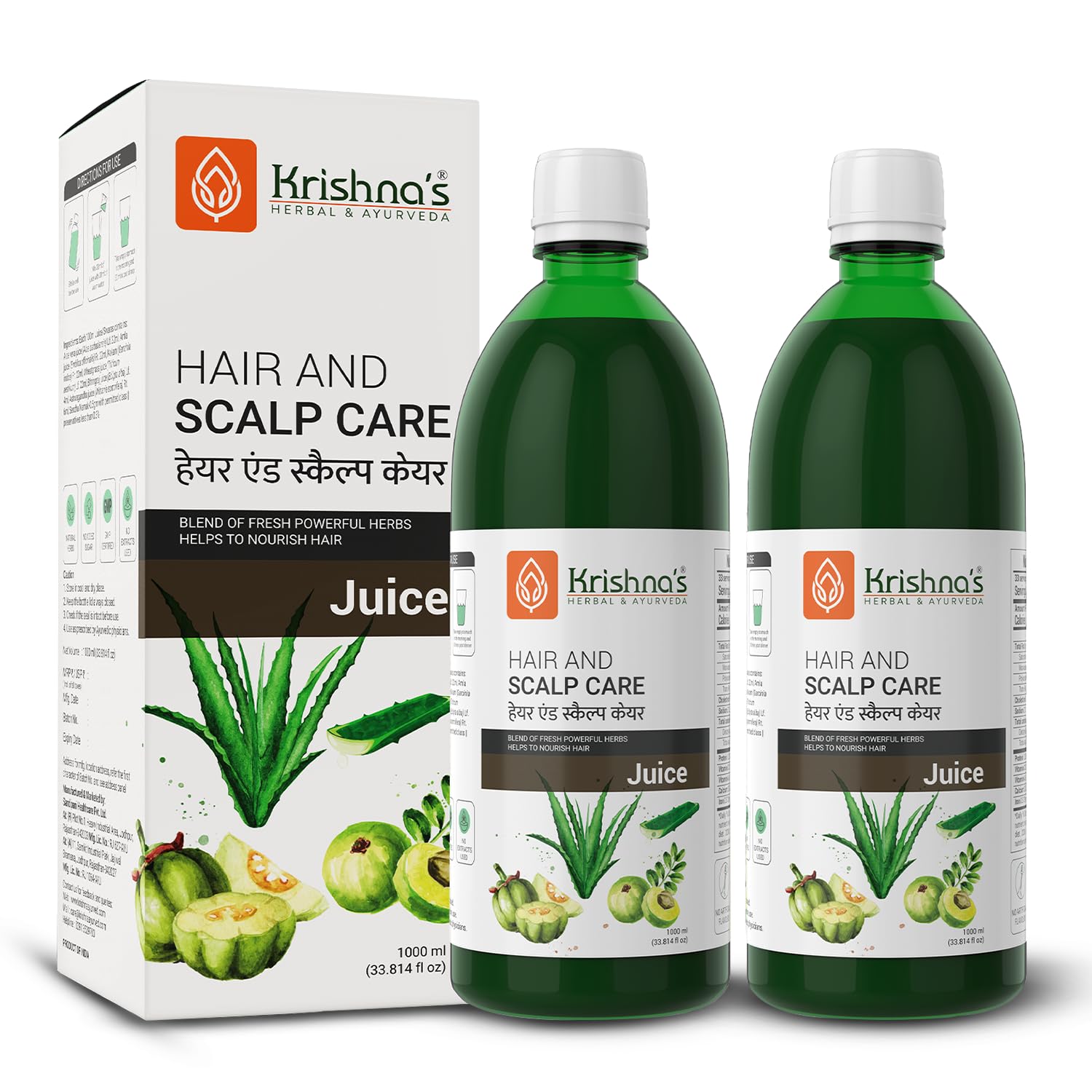 Krishna's Hair And Scalp Care Juice 1000 ml | Blend of 7+ Ayurvedic Herbs | No Artificial Colors, Flavours & Sugars | Use 60 days for best results - (Pack of 2)