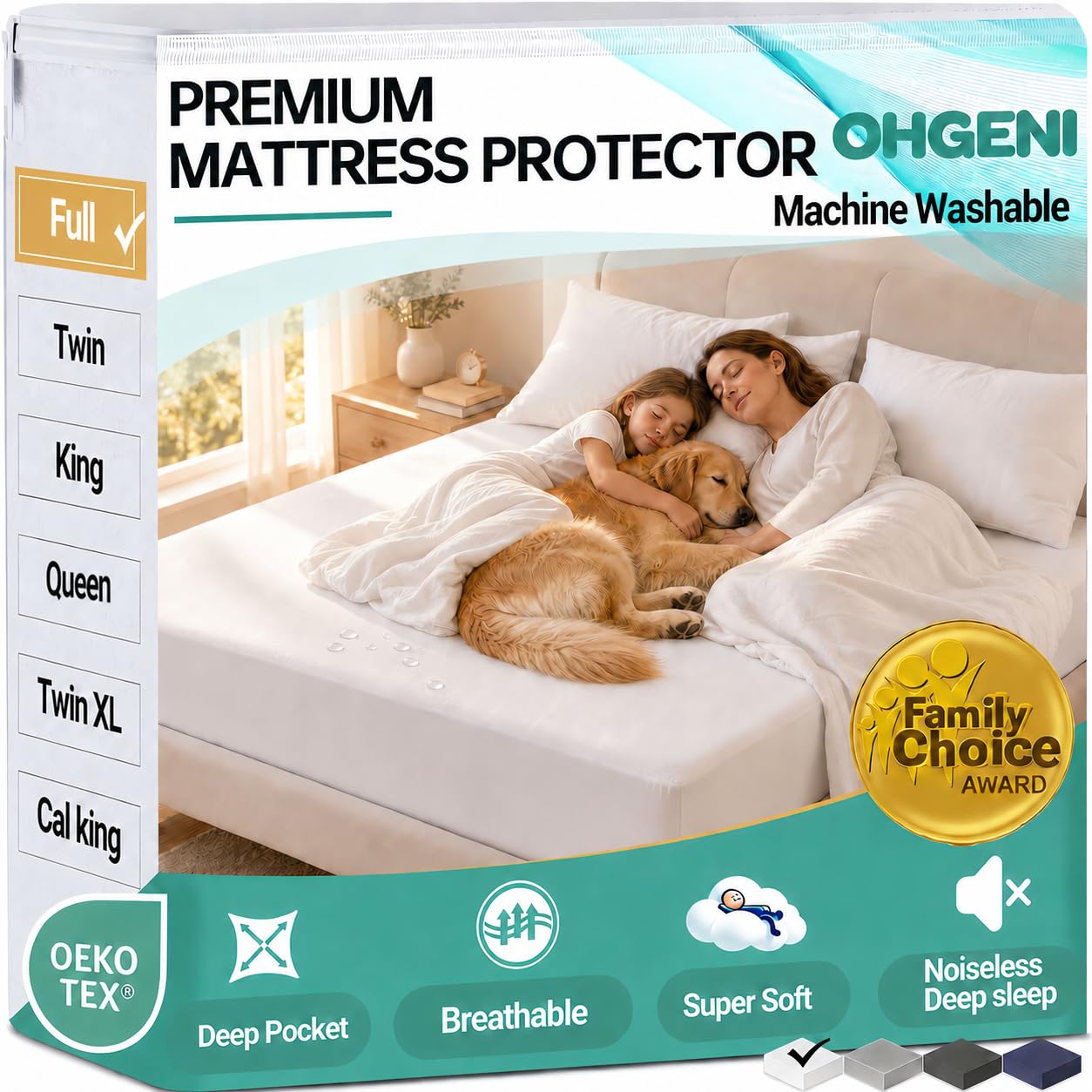OhGeni Waterproof Mattress Protector, Full Size Mattress Pad Fitted with Deep Pocket 6''-18'', Breathable Noiseless &amp; Soft, Washable Dirt-Proof Mattress Cover for Home, Bedroom, White, Daybed Cover