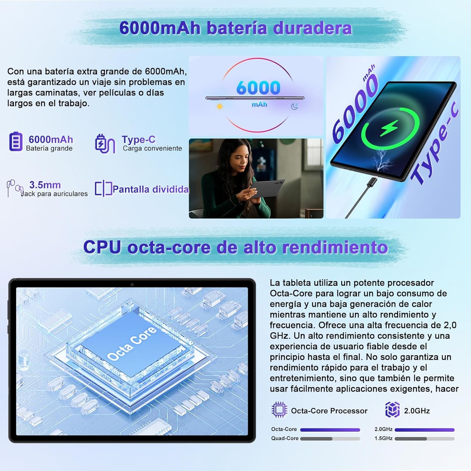 fezawio Android 15 Tablet 10 Pulgadas Gemini AI, Tablet PC Octa-Core, 30 GB RAM + 64 GB ROM (1TB TF), 3.5mm Audio/GMS/WiFi 6 & BT 5.0 / 6000mAh / GPS/Widevine L1, Tableta con Teclado-Negro — view 7