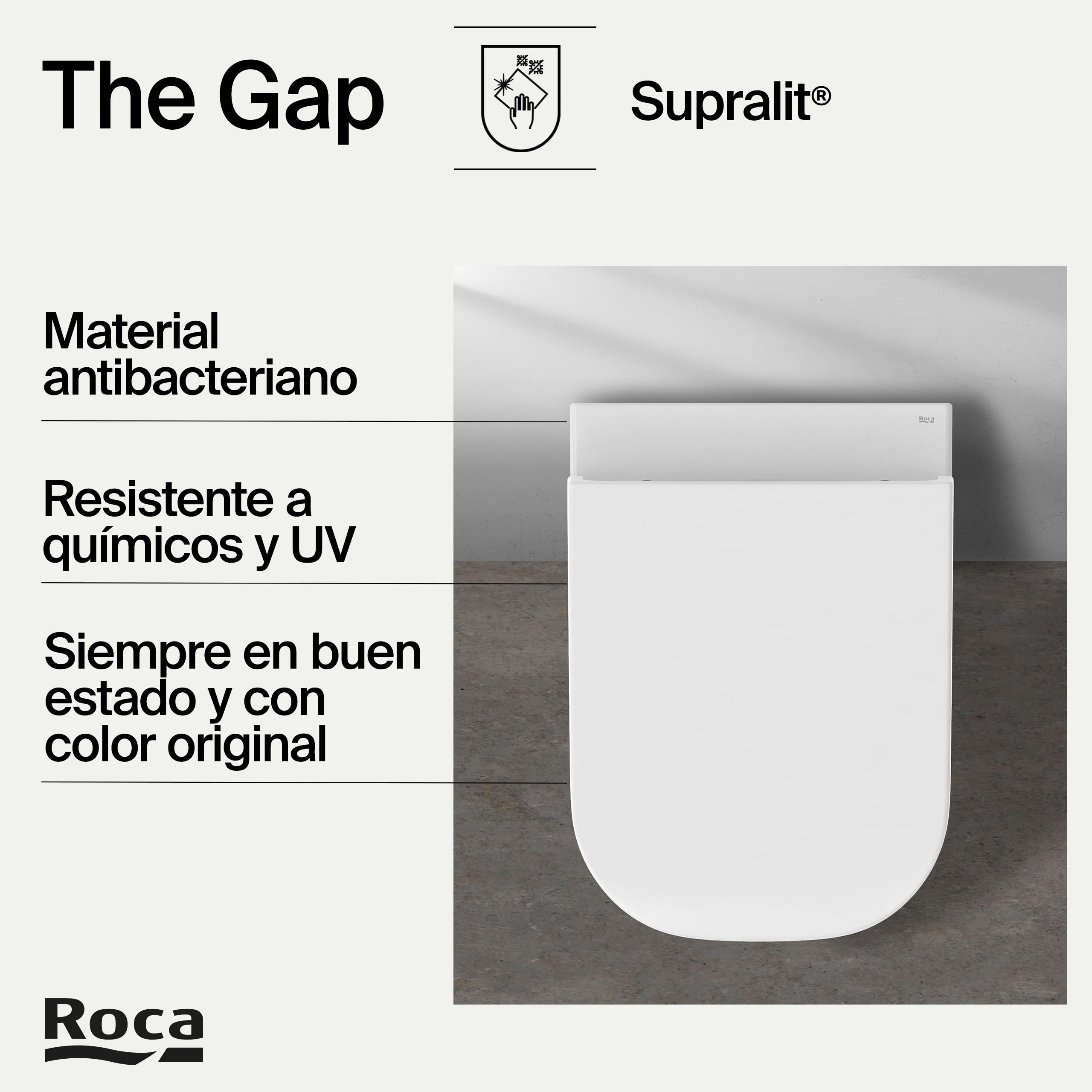 Roca The Gap - Tapa y asiento de Supralit para inodoro compacto, tapadera de WC original con caída amortiguada, recambio de tapa de váter resistente, blanco, A80173200B
