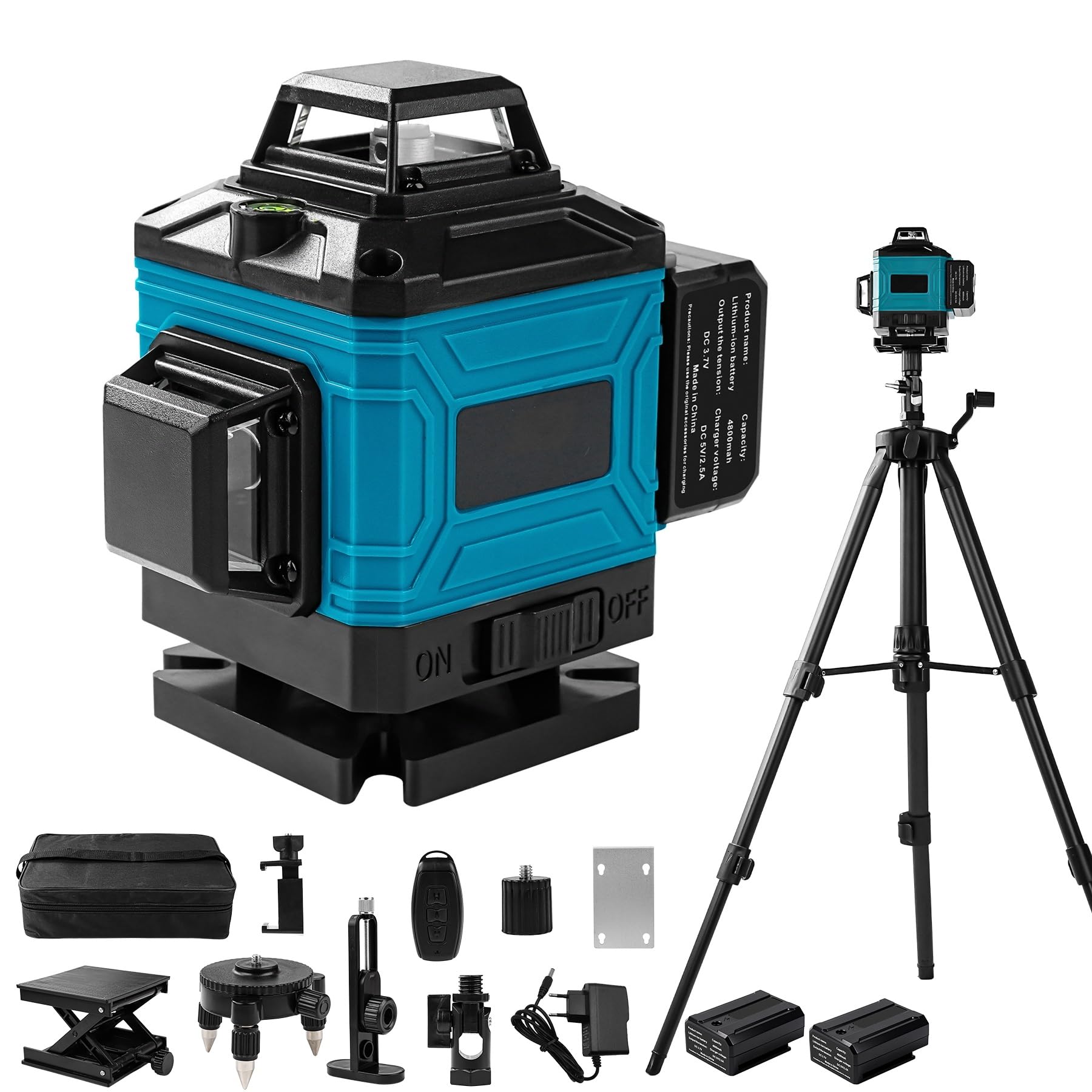 Nivel Laser Autonivelante 360 Grados con Trípode, 4D 16 Líneas Nivel Laser Verde, 360 Líneas Vertical/Horizontal Conmutables, 2 x 4800mAh Baterías, Control Remoto, Base Magnética (Azul)
