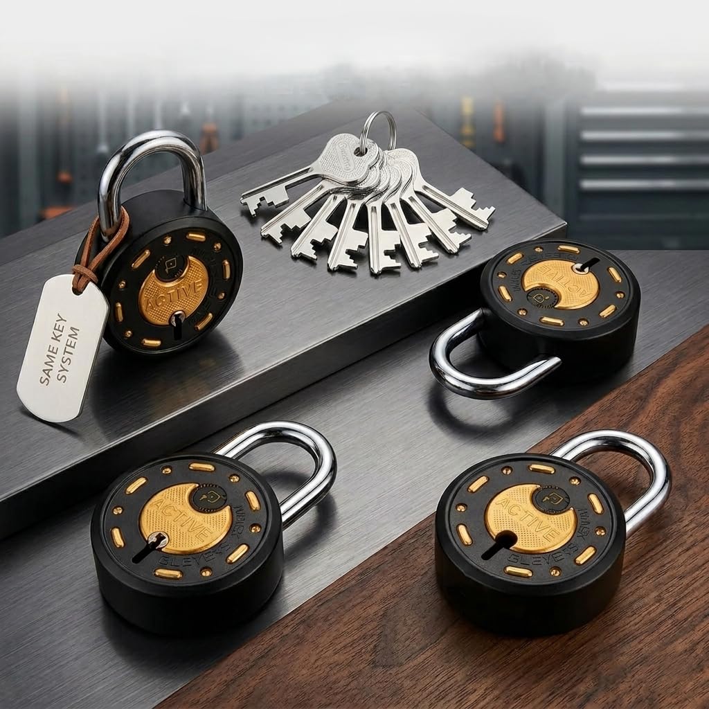 Azco Round Locks Small Size 50mm 9 Same Key with 3 Padlocks | 7 Levers Double Locking | Black Golden Finish | Lock and Keys for Home Door Gate Shop Shutter (Pack of 3) — Amazon image 5