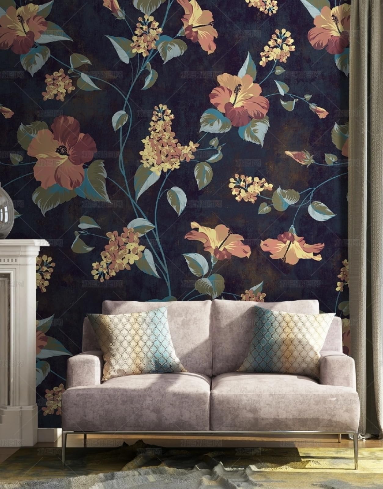 Papier peint autocollant rétro floral 45x600cm vinyle adhésif imperméable pour meuble et mur salon