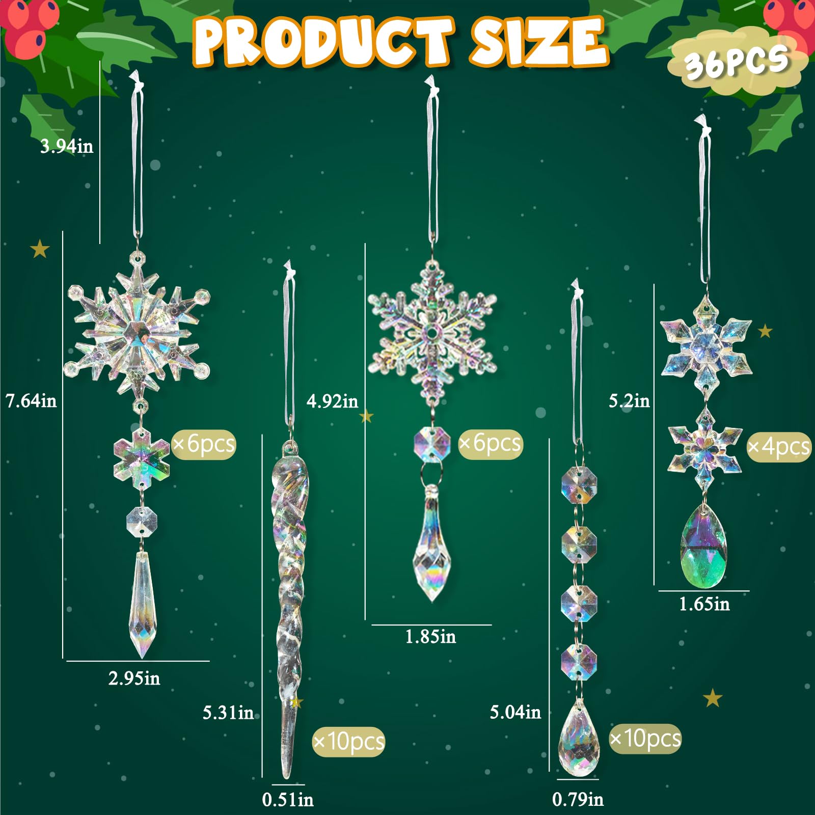 GuassLee Lot de 36 décorations de sapin de Noël en cristal – Flocon de neige irisé en acrylique en forme de goutte de glace à suspendre pour sapin de Noël, décoration de fête d'anniversaire sur le