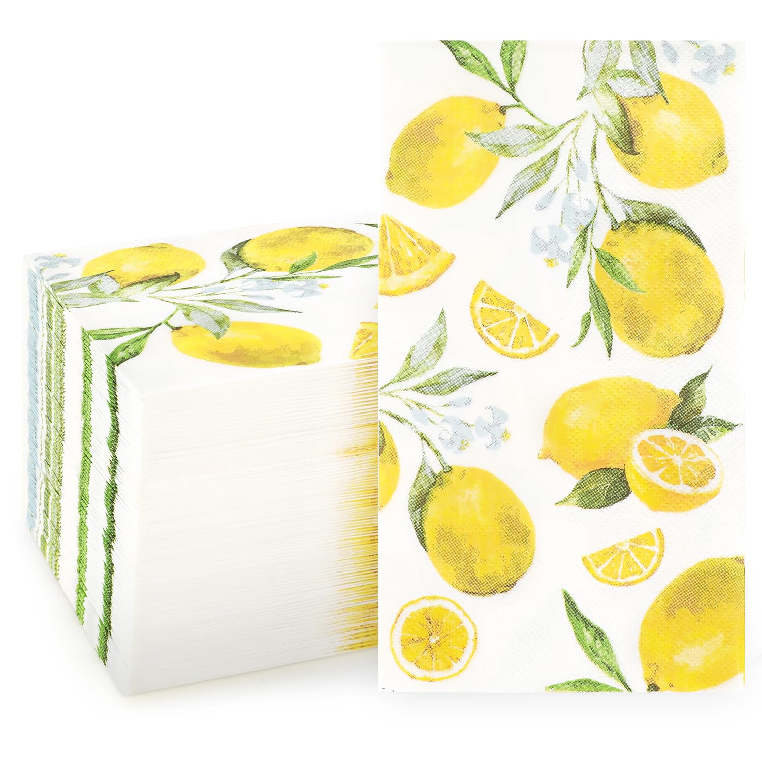 100 servilletas de papel desechables de acuarela y limón, toallas de mano, servilletas de cóctel de limón amarillo, 4.3 x 7.9 pulgadas, servilletas de fiesta suaves y absorbentes para invitados, baño,