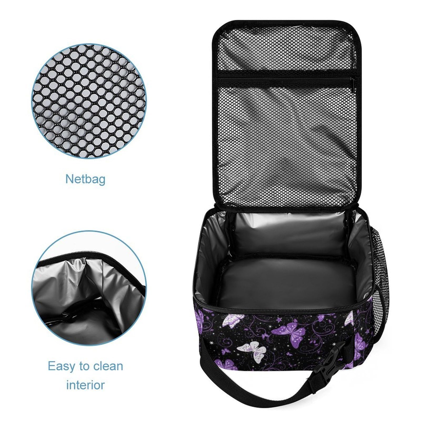 Ensemble sac à dos de voyage avec sac à lunch et trousse de maquillage, violet papillon, boîte et rangement