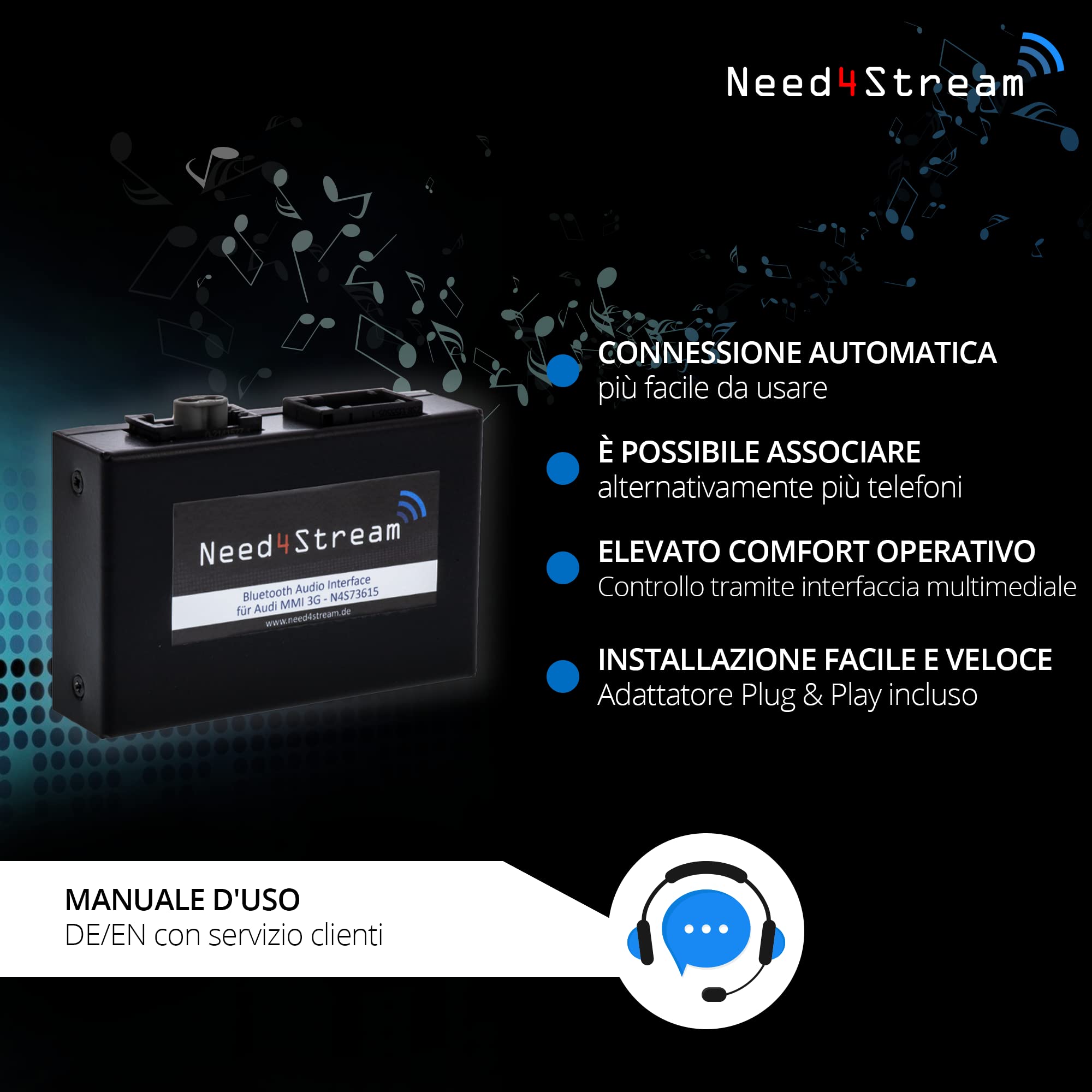 Interfaccia audio Bluetooth con display titolo, N4S73615 A2DP, compatibile con Audi MMI 3G, A4 8K, A5 8T, A6 4F, Q5 8R, Q7 4L, compatibile con iPhone, Android e servizi di streaming