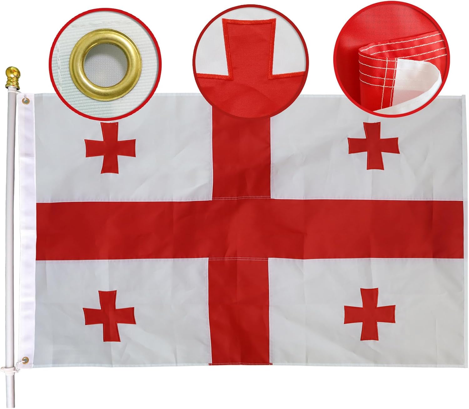 MIDLE Double Sides Georgia Flag 3x5 Ft Outdoor Large - Embroidered Five Cross Flags |Quadruple Stitched Fly Ends| House Yard Decoration Georgian Banner