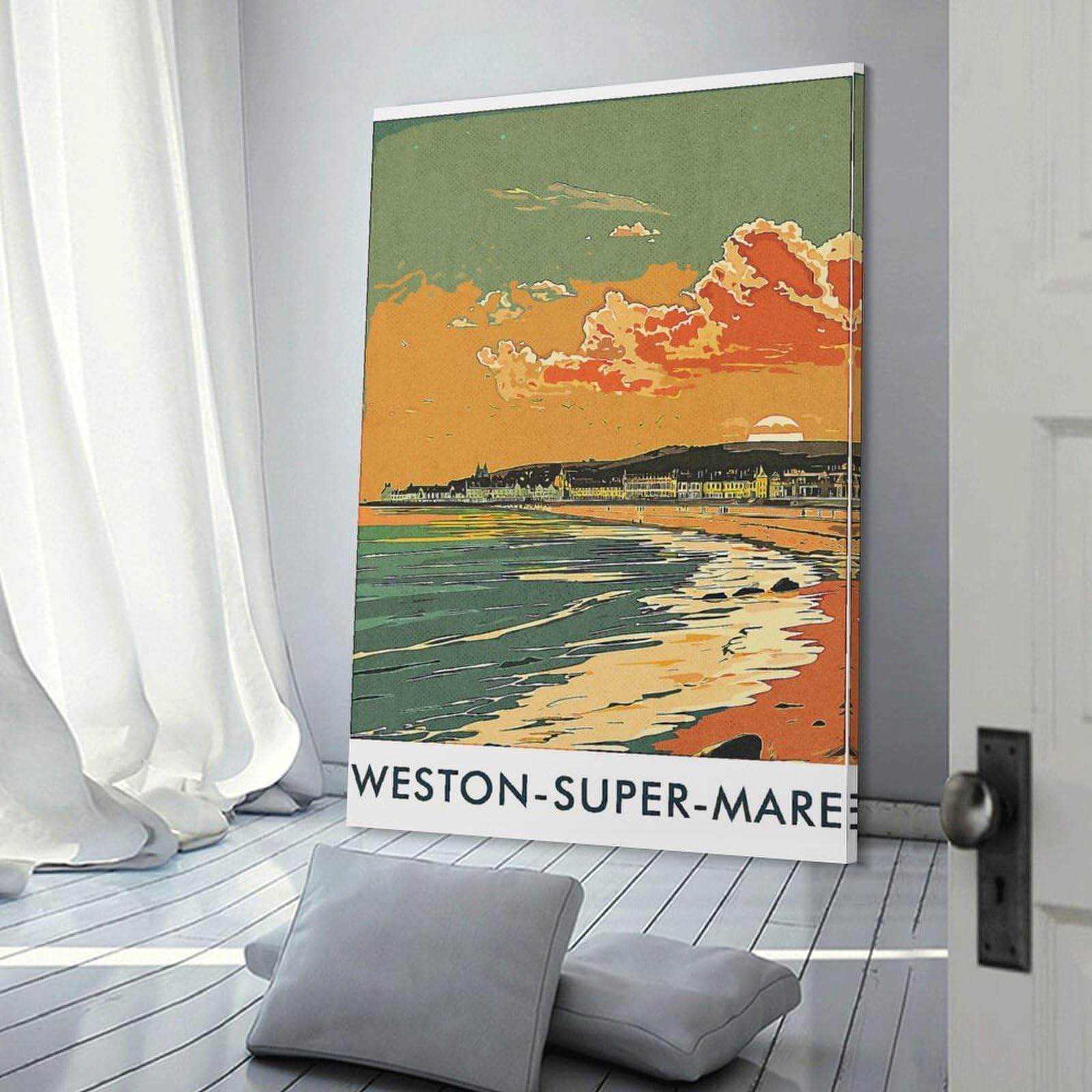 Junmoney Canvas Art Print Weston-super-Mare Sunset, 24x36inch(60x90cm), for Office, Study Or Home Workspace, Home Office Artwork with Decorative Appeal