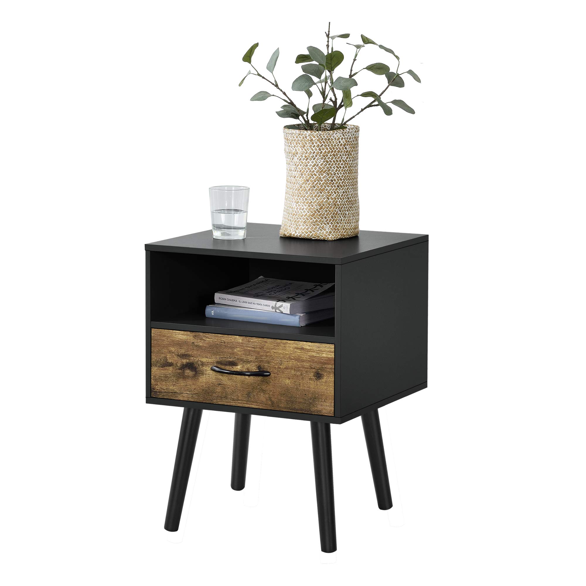 [en.casa] Comodino con Cassetto e Scomparto Aperto Tavolino Laterale per Divano Soggiorno Corridoio Mobiletto da Notte 57 x 42 x 40 cm - Nero/Effetto Legno Scuro