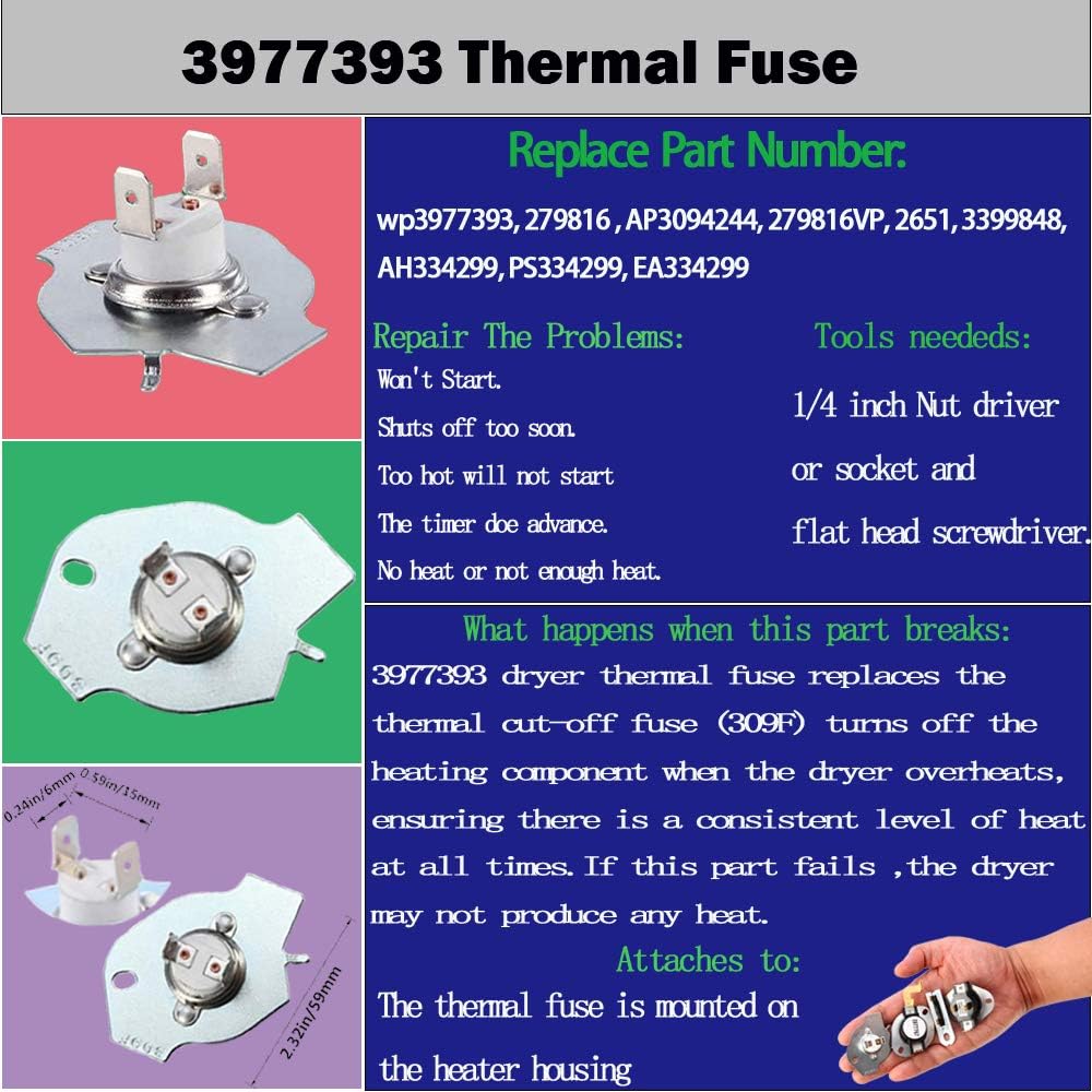 3387134 Dryer Thermostat 3977393 & 3392519 Thermal Fuse 3977767 high-limit thermostat Compatible whirlpool kenmore roper maytag estate Inglis crosley amana kitchenaid, Figure 6 is Compatible Model.