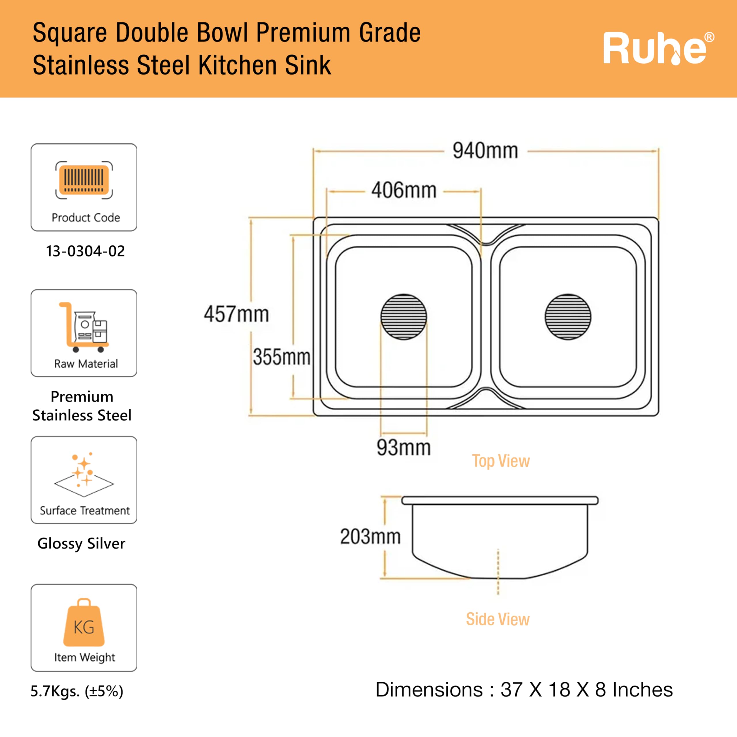 Ruhe® Square Double Bowl 37 x 18 x 8 inches Kitchen Sink | 304-Grade Stainless Steel Square Double Bowl Kitchen Sink | Glossy Finish | Included 2 Sink Coupling, Waste pipe and Double Bowl Connector