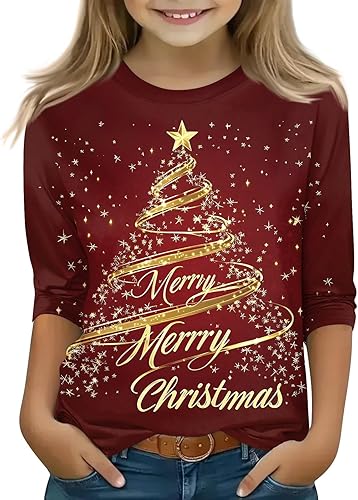 Christmas Shirt for Boy Girls 3/4 Sleeve Shirts Xmas Tree Print Tops Fall Winter Loose Fit Clothes 3-12 Years