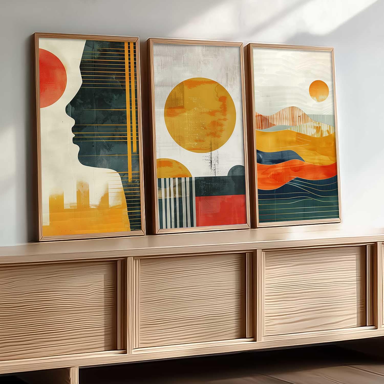 kotart Abstract Modern Wall Art Framed Painting Set of 3 | Minimalist Sun & Geometric Design Artwork for Living Room, Bedroom & Office Decor (Art 7, 10×19 inch)