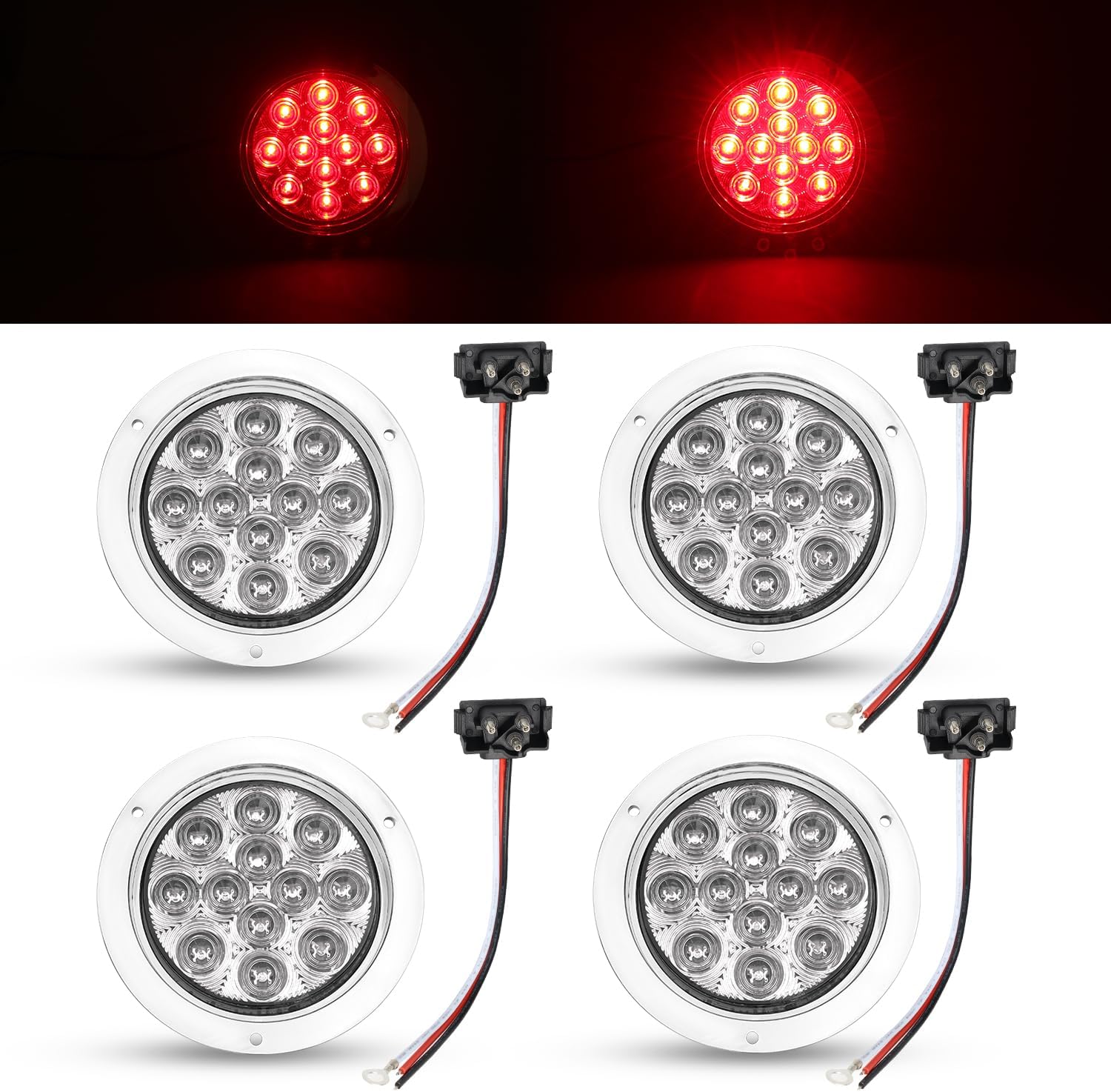 TMH 4 Pcs 4 Inch Clear Lens Red LED Round Trailer Tail Lights with Chrome Bezel F3 Piranha 12 Diodes Sealed Clearance Lamp for ATV Lorry Cabin Bus RV Tow Dump Heavy Duty Truck 12V DC Shockproof GAC12