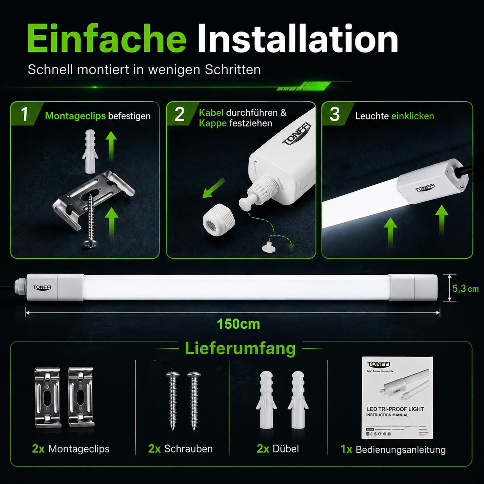 TONFFI LED Feuchtraumleuchte 150cm, 60W 7000LM IP65 Feuchtraumlampe, 6000K Kaltweiß Röhre Deckenleuchte, Wannenleuchte Verbindbare für Garage Werkstatt Keller Bad Büro Feuchtraum